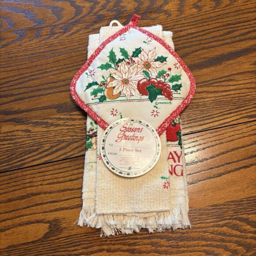 Vintage 3 Piece Set Seasons Greetings Kitchen Towel Discloth Potholder Red White